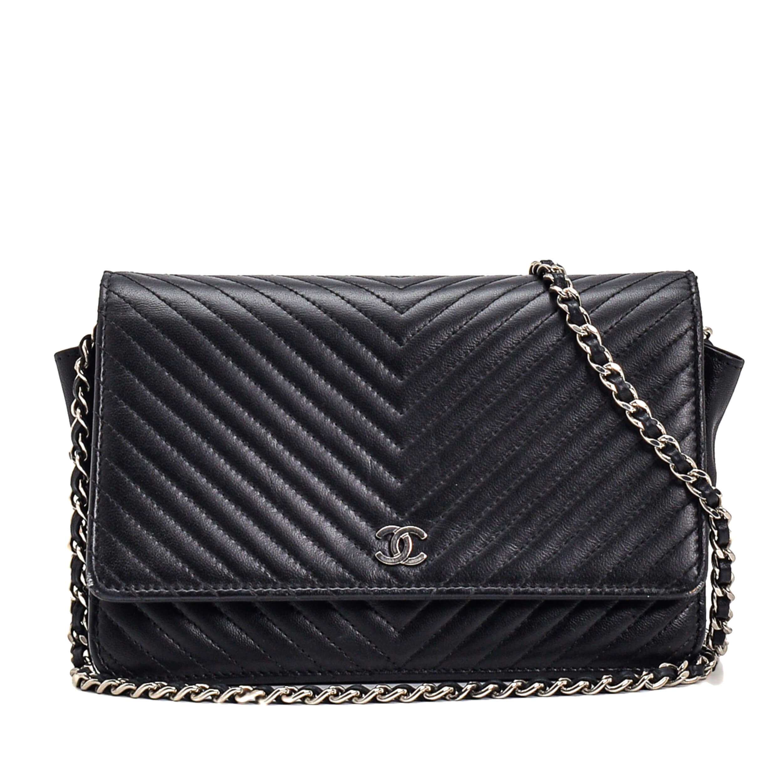 Chanel - Black Chevron Lambskin Leather Wallet On Chain 